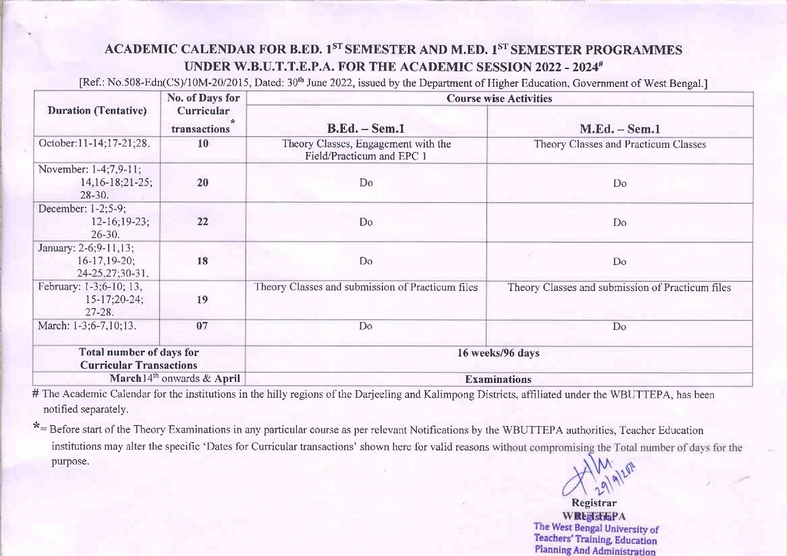 ACADEMIC CALENDAR FOR B.ED. 1ST SEMESTER FOR THE SESSION 2022 - 2024 | AMTTI